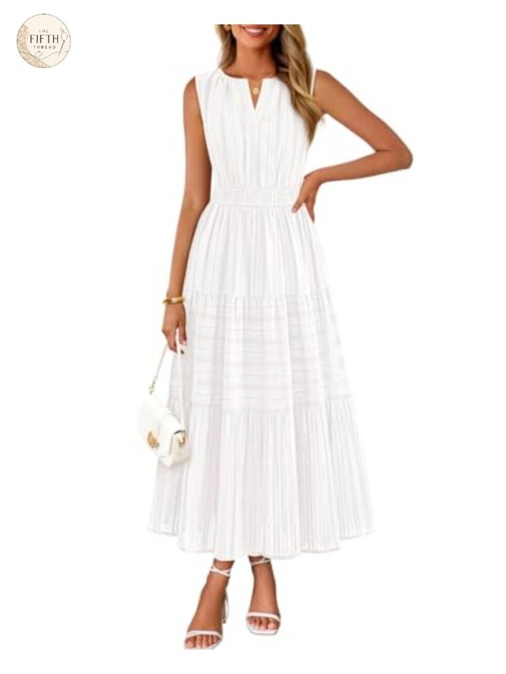 Sleeveless V Neck Midi Maxi Dress Cotton Jacquard Tiered Flowy